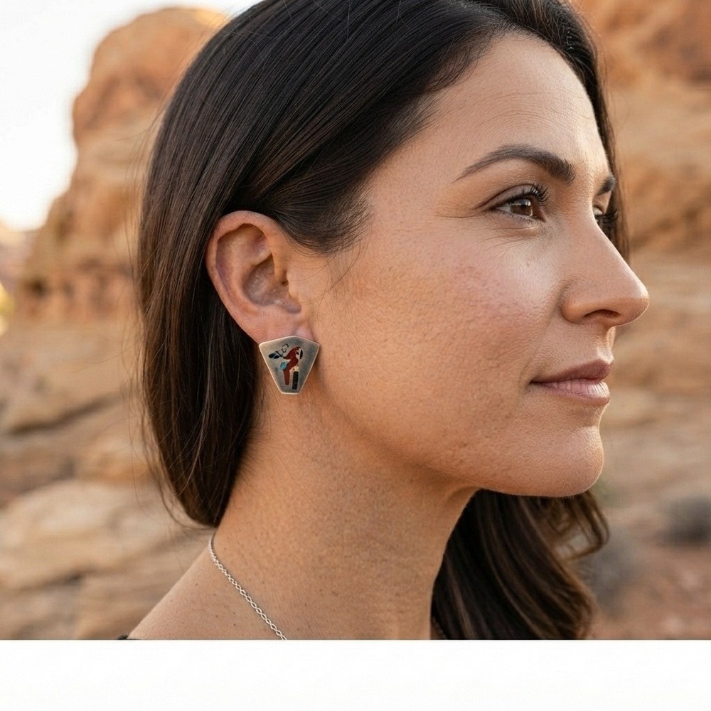 Zuni Handmade Sterling Silver Inlay Parrot Stud Earrings NA Jewelry** - Picture 2 of 7